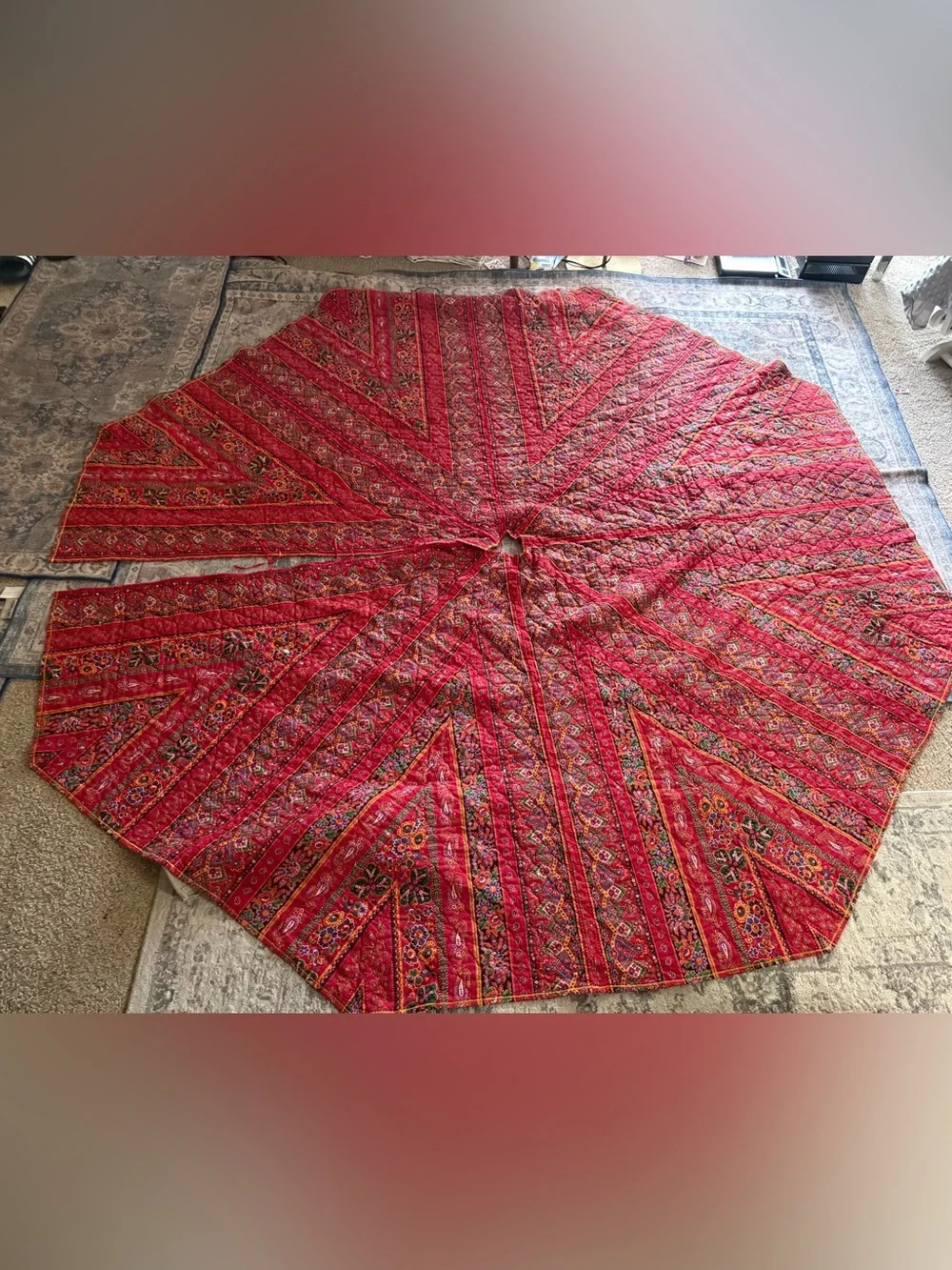 Large 83” Quilted Patchwork Christmas Tree Skirt Red Multicolor Boho